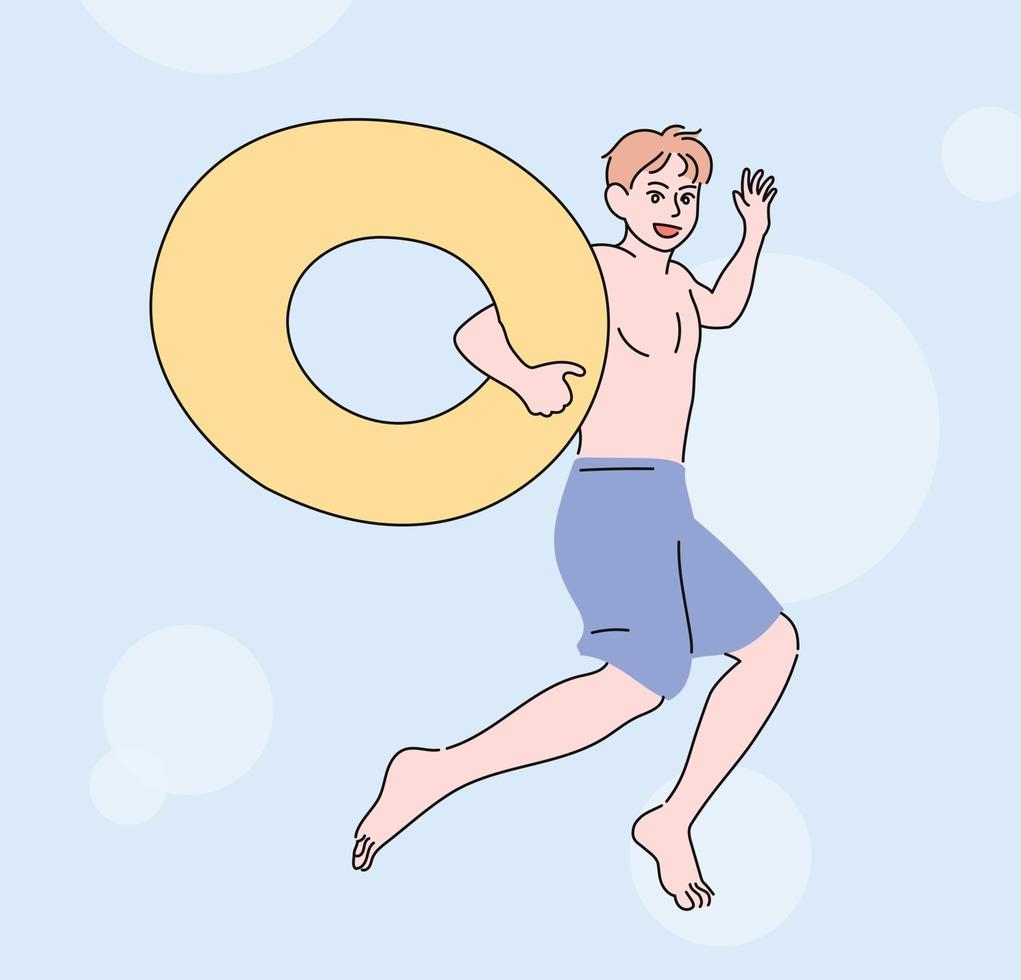 un uomo che è venuto in spiaggia in estate salta eccitato indossando un costume da bagno. illustrazioni di disegno vettoriale stile disegnato a mano.