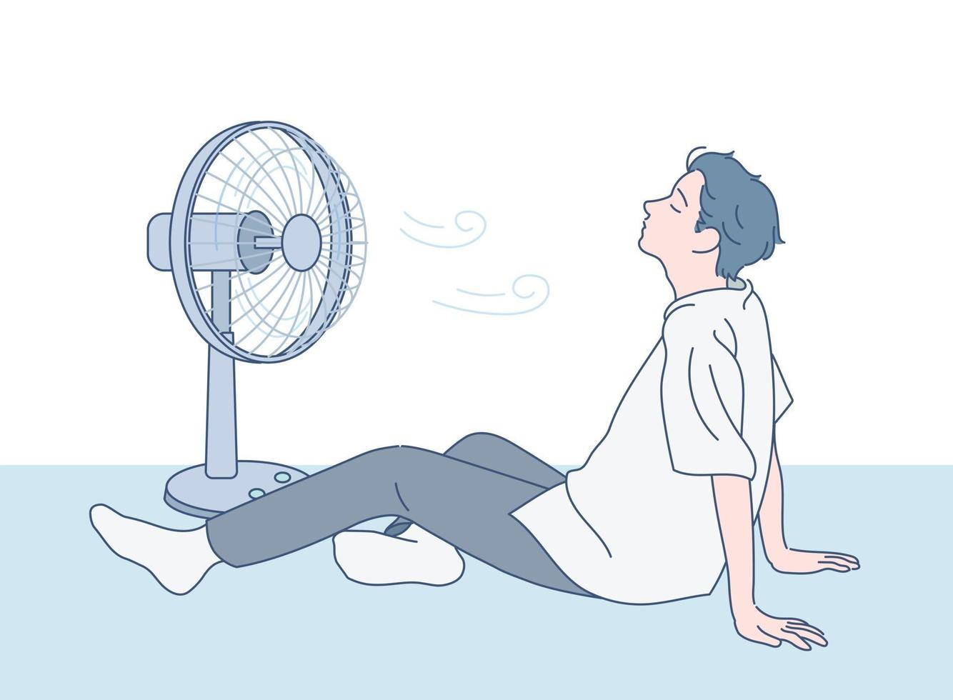 un ragazzo è seduto sul pavimento e viene soffiato da un ventilatore. illustrazioni di disegno vettoriale stile disegnato a mano.