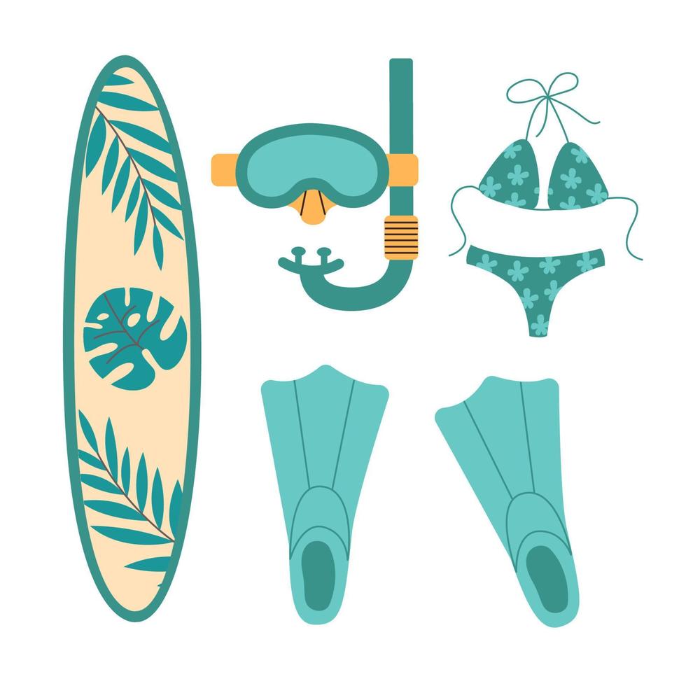 cartone animato estate elementi, estate accessorio. vettore impostato di cose per nuoto. piatto vettore illustrazione di pinne, tavola da surf, maschera e costumi da bagno su bianca sfondo.
