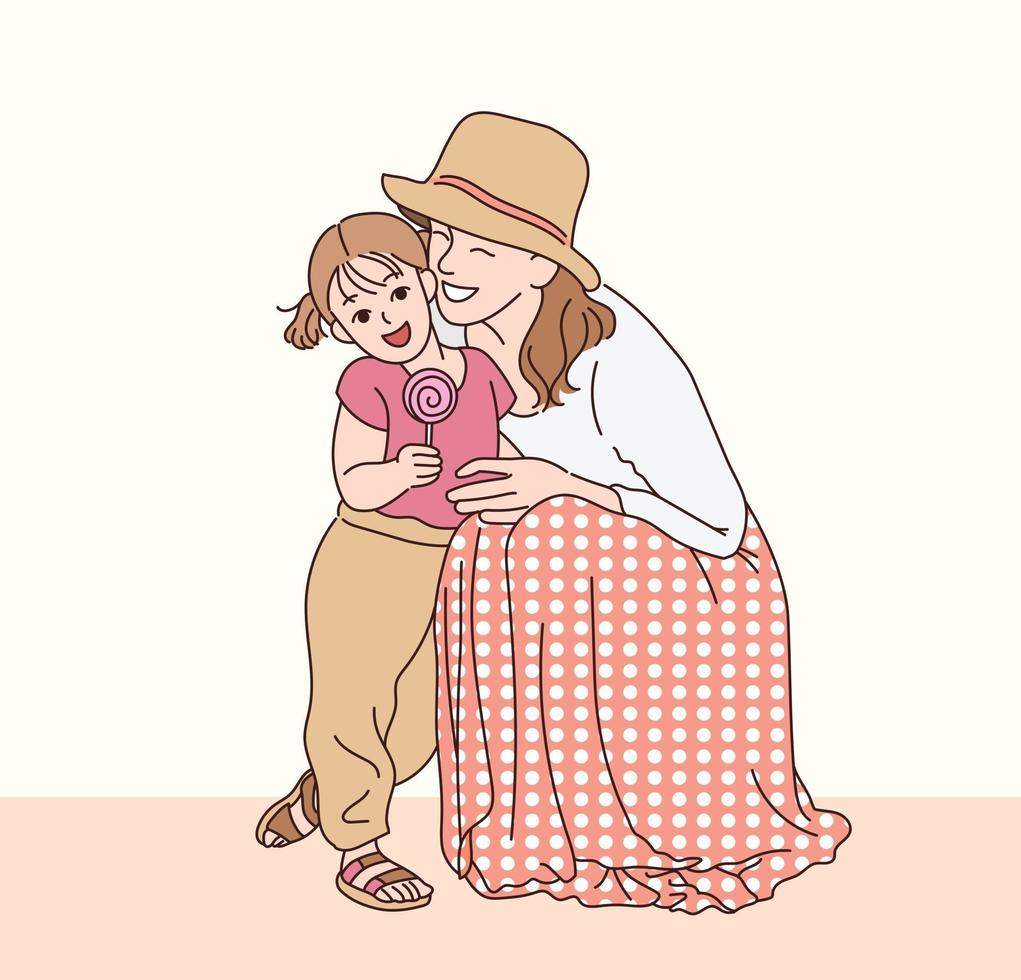 la madre e la figlia si aspettano affettuosamente. illustrazioni di disegno vettoriale stile disegnato a mano.