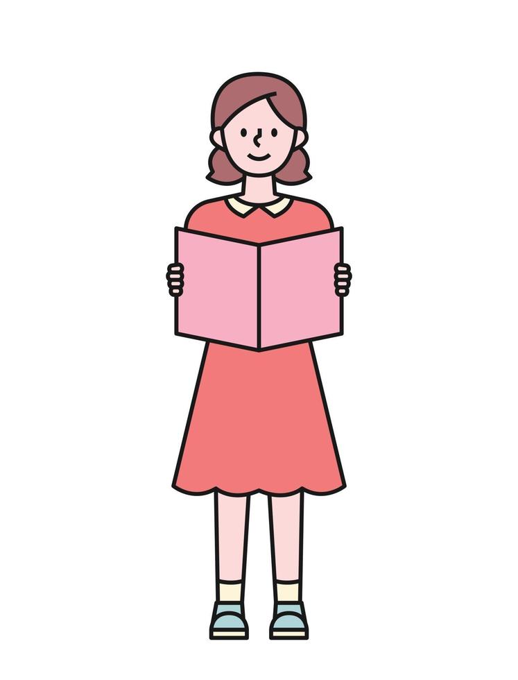 una ragazza in un vestito rosso è in piedi con un libro. illustrazione di vettore minimo di stile di design piatto.