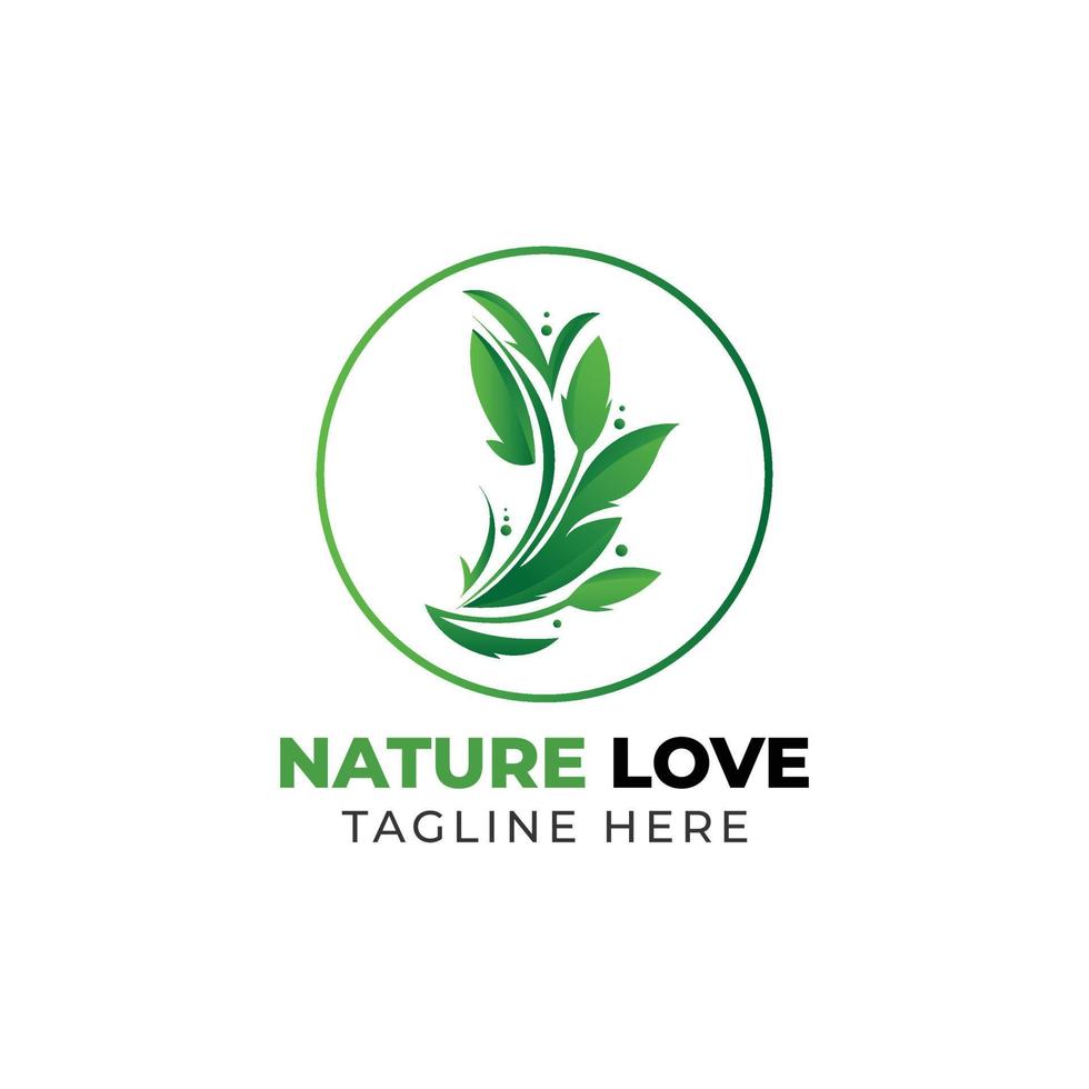 natura amore logo con un' verde foglia e un' cerchio di le foglie vettore