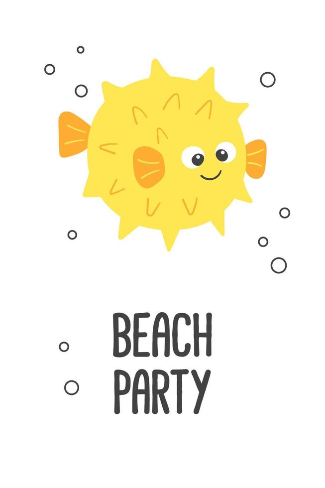 manifesto di vettore carino cartone animato giallo soffio pesce con bolle e testo spiaggia festa nel piatto stile.