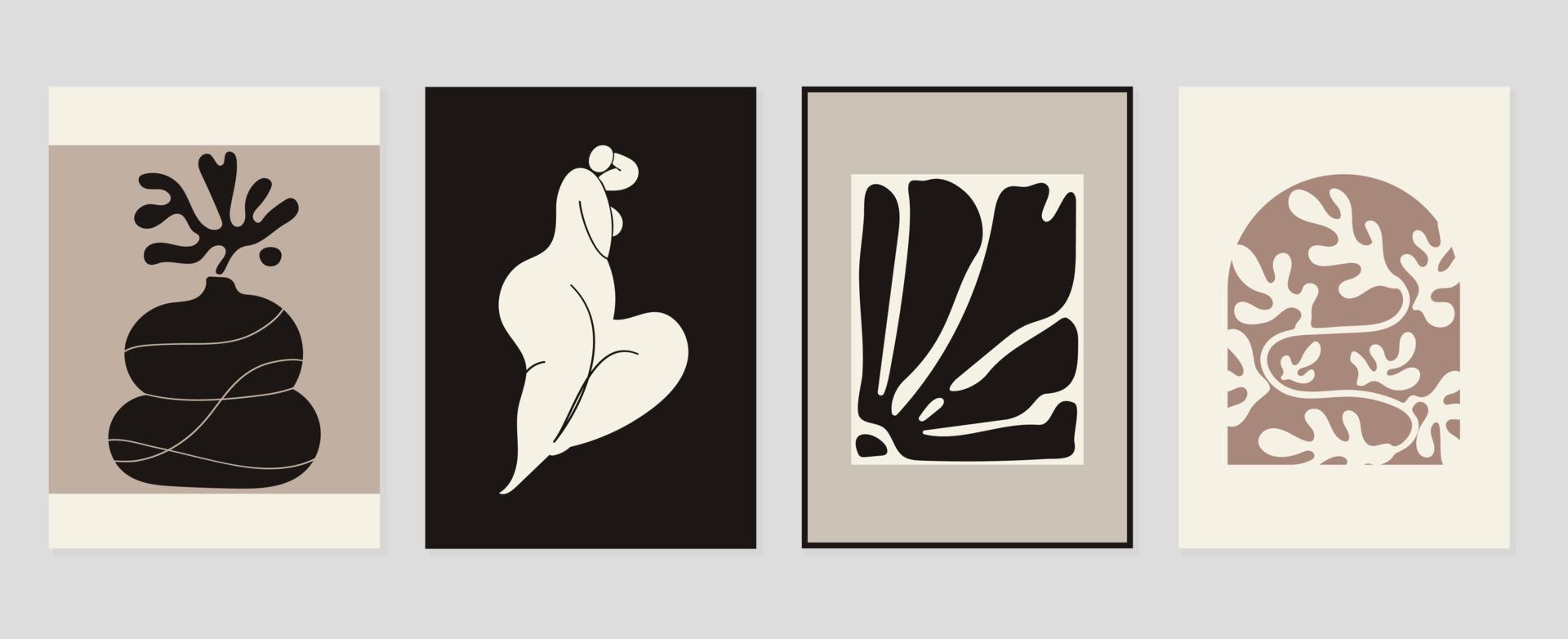 impostato di astratto copertina sfondo ispirato di matisse. nudo femmina corpo, postura, corallo, fiore, vaso, monocromo. contemporaneo estetico illustrato design per parete arte, decorazione, Stampa, sfondo. vettore