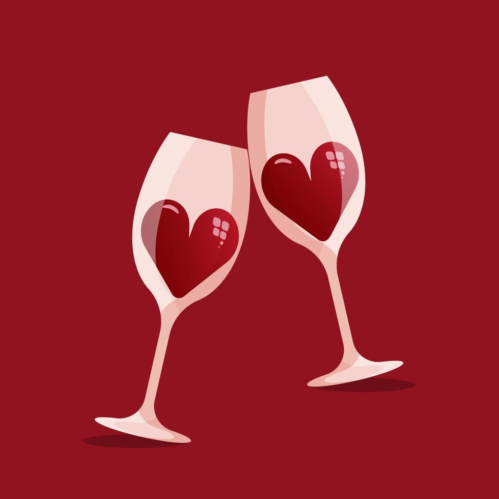 Due vino bicchieri con cuori. Due grande rosso cuori nel Due vino occhiali. san valentino giorno concetto. vettore illustrazione