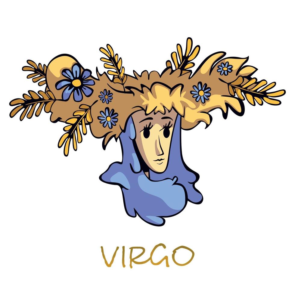 Virgo segno zodiacale flat cartoon illustrazione vettoriale. donna in carattere ghirlanda floreale. caratteristiche simbolo oroscopo astrologico, dea mitologica dell'agricoltura. elemento disegnato a mano isolato vettore