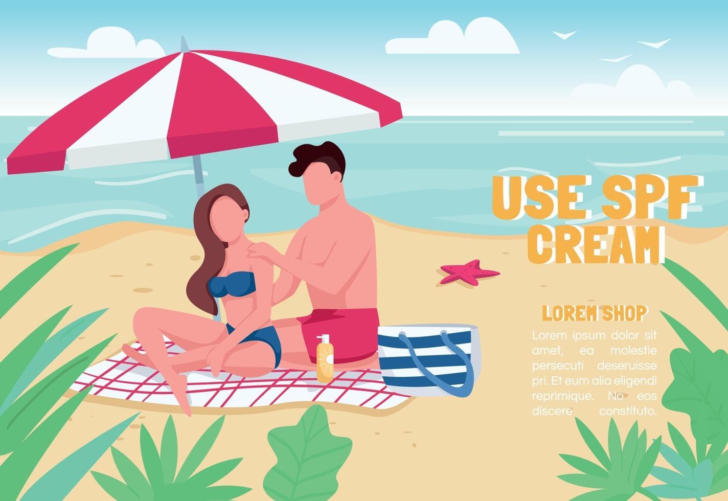 utilizzare il modello di vettore piatto banner crema spf. brochure, poster concept design con personaggi dei cartoni animati. coppia che prende il sole, applicando il volantino orizzontale della lozione solare, opuscolo con posto per il testo