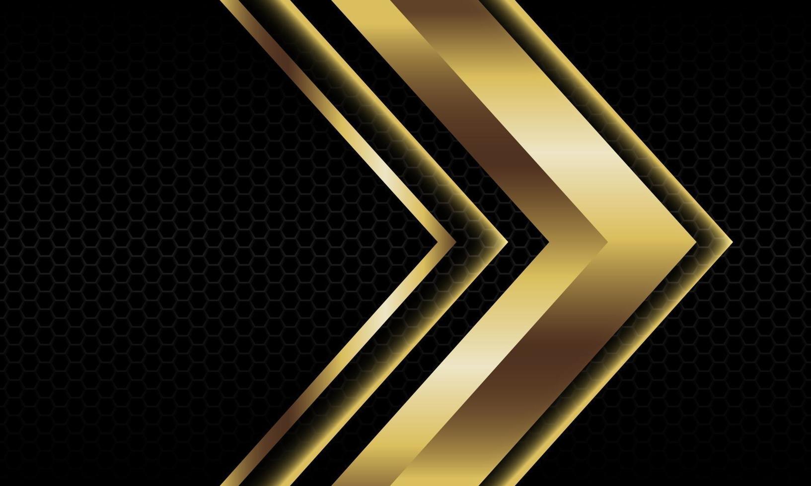 la direzione metallica astratta dell'ombra della freccia dell'oro geometrico sulla progettazione nera del modello della maglia di esagono vector l'illustrazione futuristica di vettore del fondo di lusso moderno.