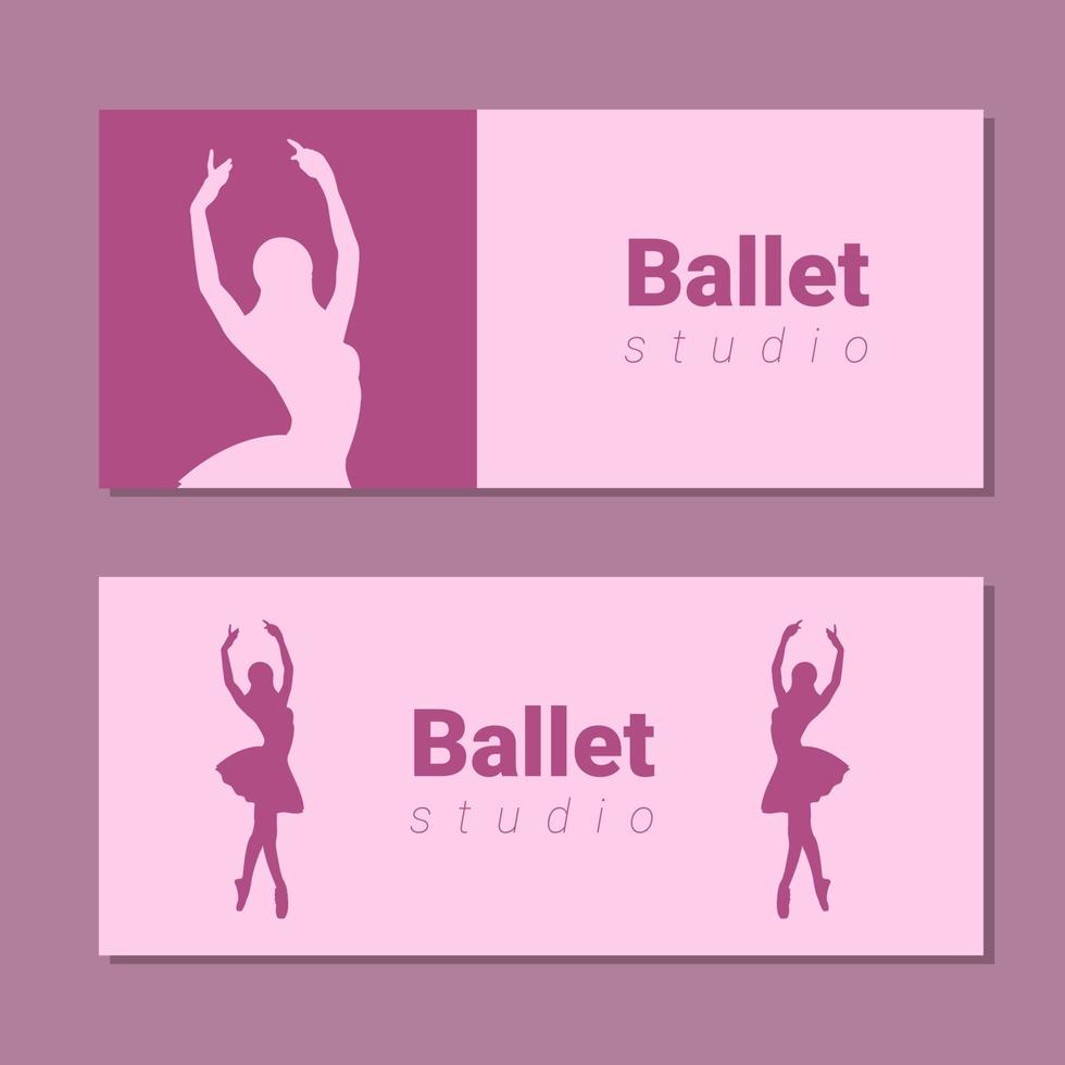 Teatro biglietto design. balletto scuola aviatore modello. ballerina silhouette nel il tutu e pointe scarpa. rosa e viola carta design. vettore illustrazione