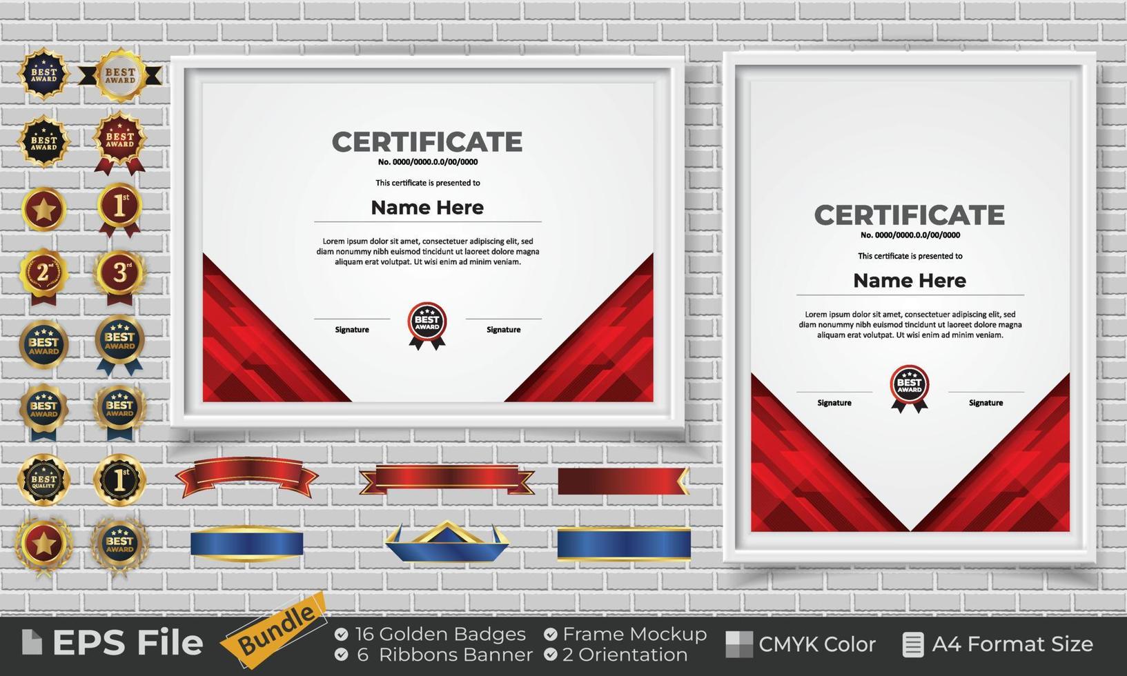 modello certificato design fascio con nastri, d'oro distintivi, e telaio mockup per apprezzamento, premio, completamento, diploma. CMYK colore a4 formato vettore