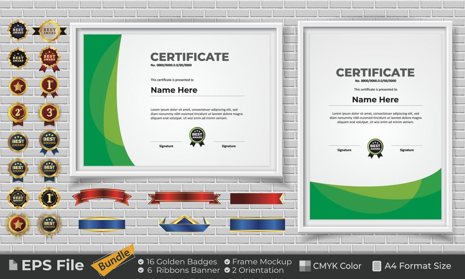 modello certificato design fascio con nastri, d'oro distintivi, e telaio mockup per apprezzamento, premio, completamento, diploma. CMYK colore a4 formato vettore