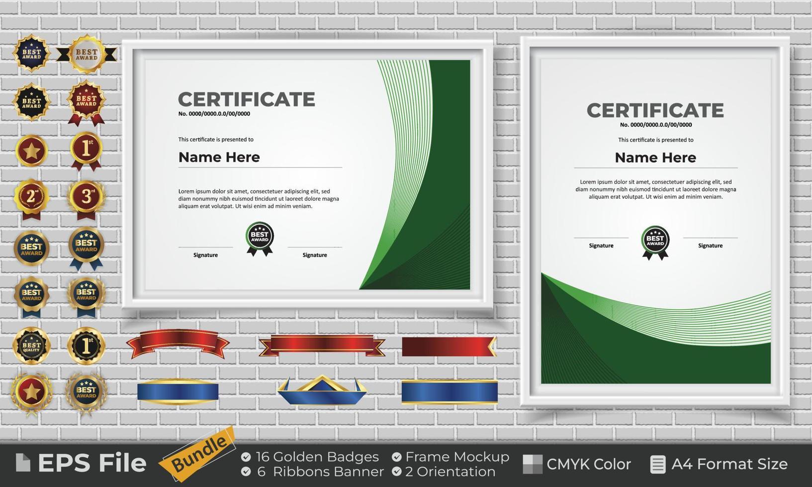 modello certificato design fascio con nastri, d'oro distintivi, e telaio mockup per apprezzamento, premio, completamento, diploma. CMYK colore a4 formato vettore