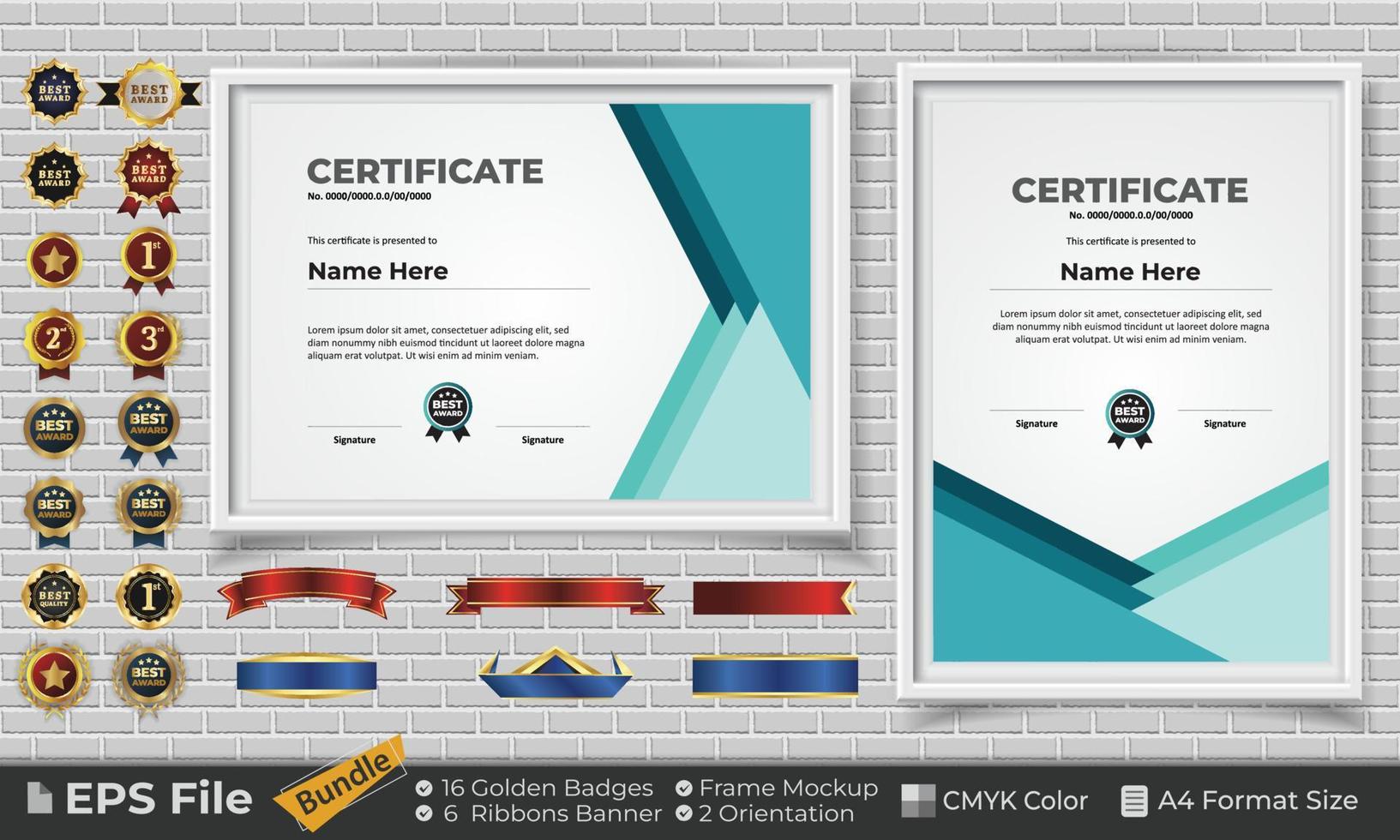 modello certificato design fascio con nastri, d'oro distintivi, e telaio mockup per apprezzamento, premio, completamento, diploma. CMYK colore a4 formato vettore