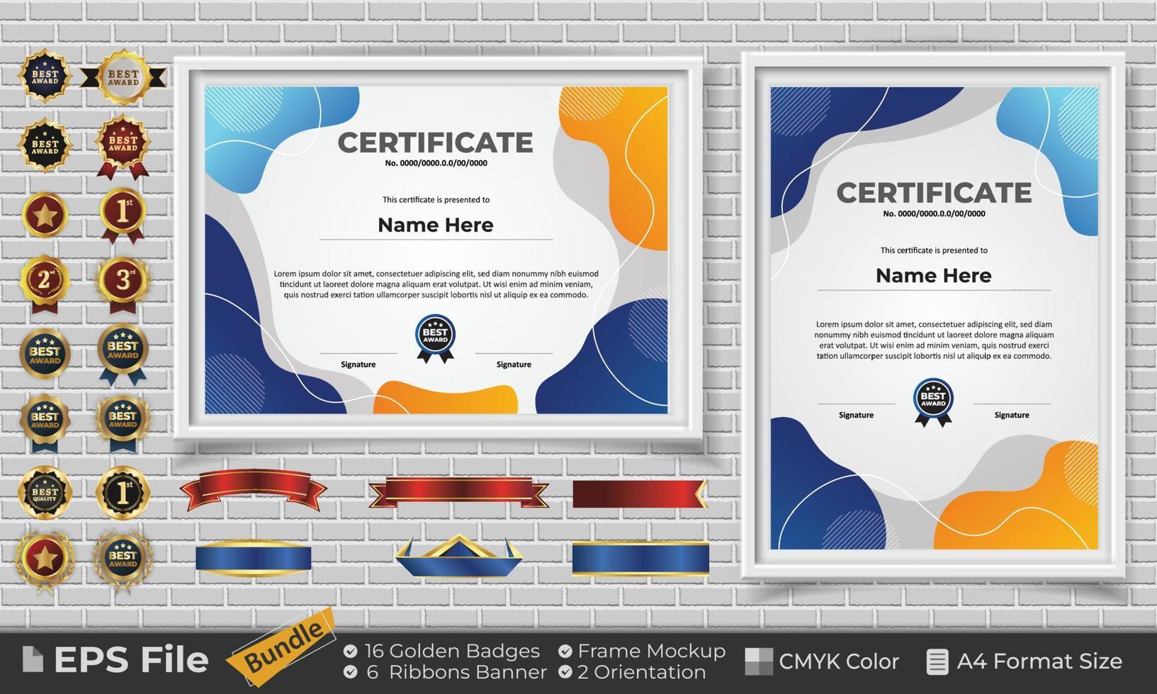 modello certificato design fascio con nastri, d'oro distintivi, e telaio mockup per apprezzamento, premio, completamento, diploma. CMYK colore a4 formato vettore