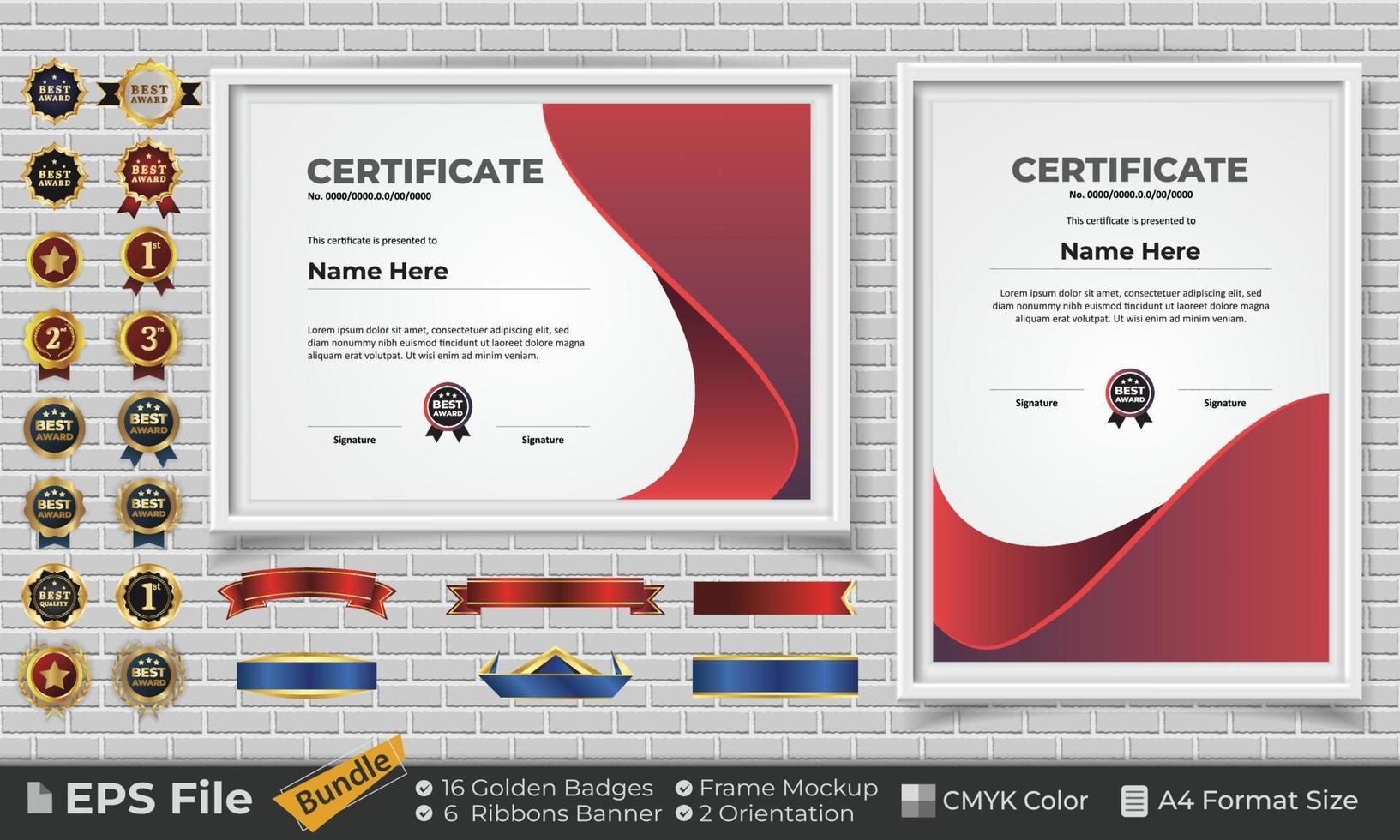 modello certificato design fascio con nastri, d'oro distintivi, e telaio mockup per apprezzamento, premio, completamento, diploma. CMYK colore a4 formato vettore