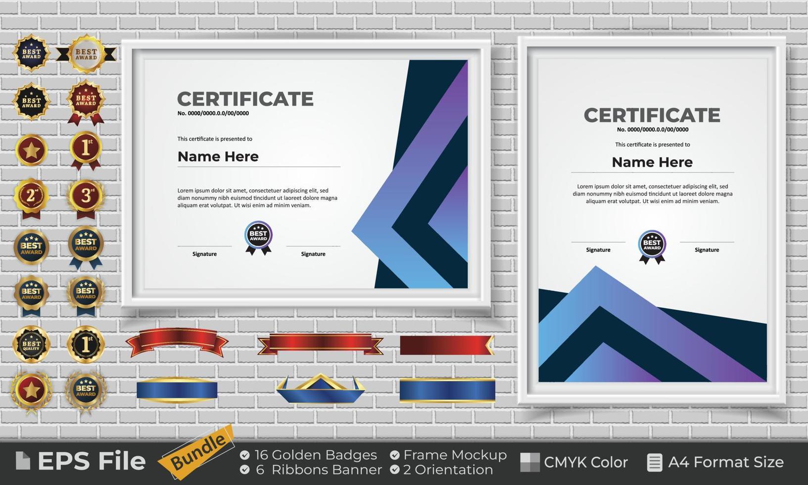 modello certificato design fascio con nastri, d'oro distintivi, e telaio mockup per apprezzamento, premio, completamento, diploma. CMYK colore a4 formato vettore