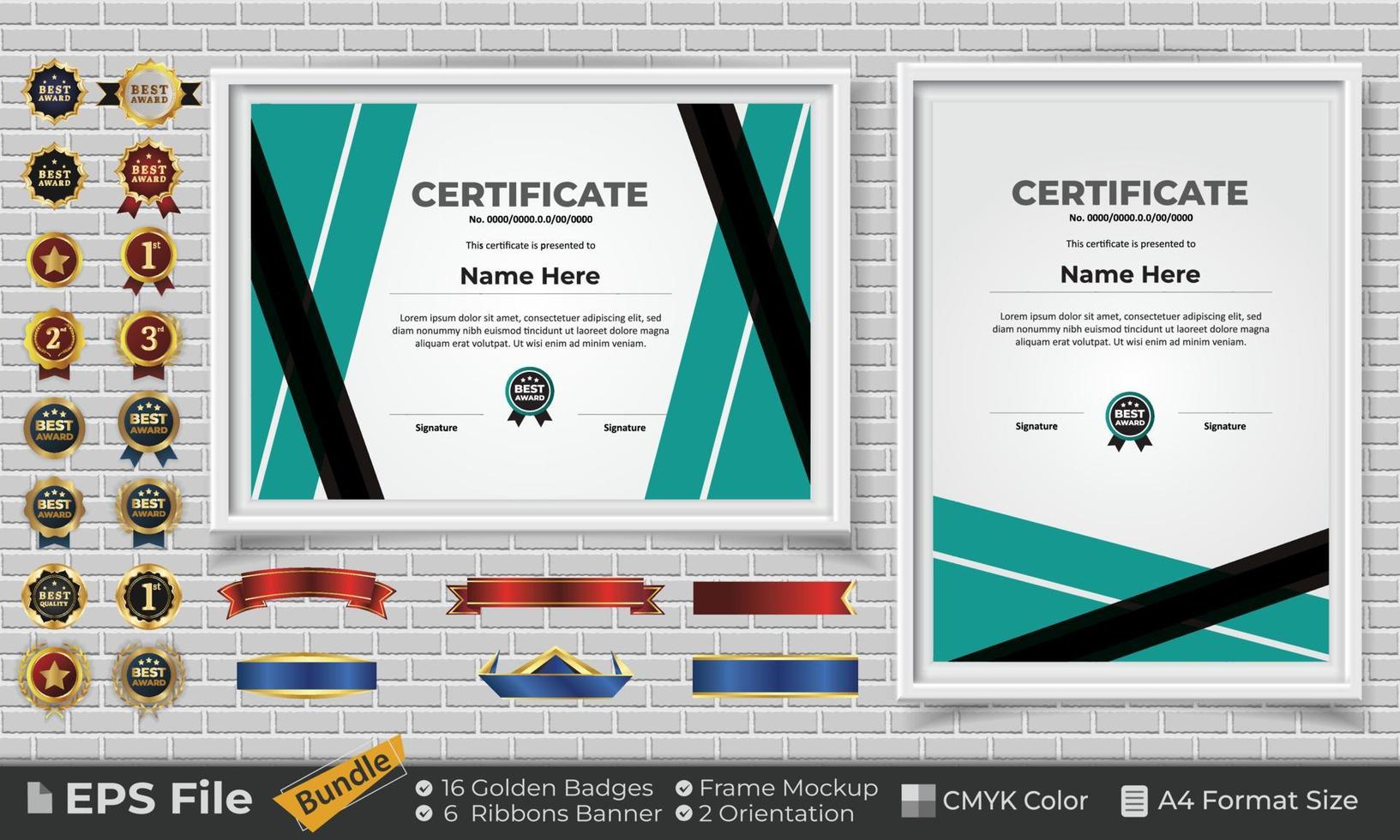 modello certificato design fascio con nastri, d'oro distintivi, e telaio mockup per apprezzamento, premio, completamento, diploma. CMYK colore a4 formato vettore