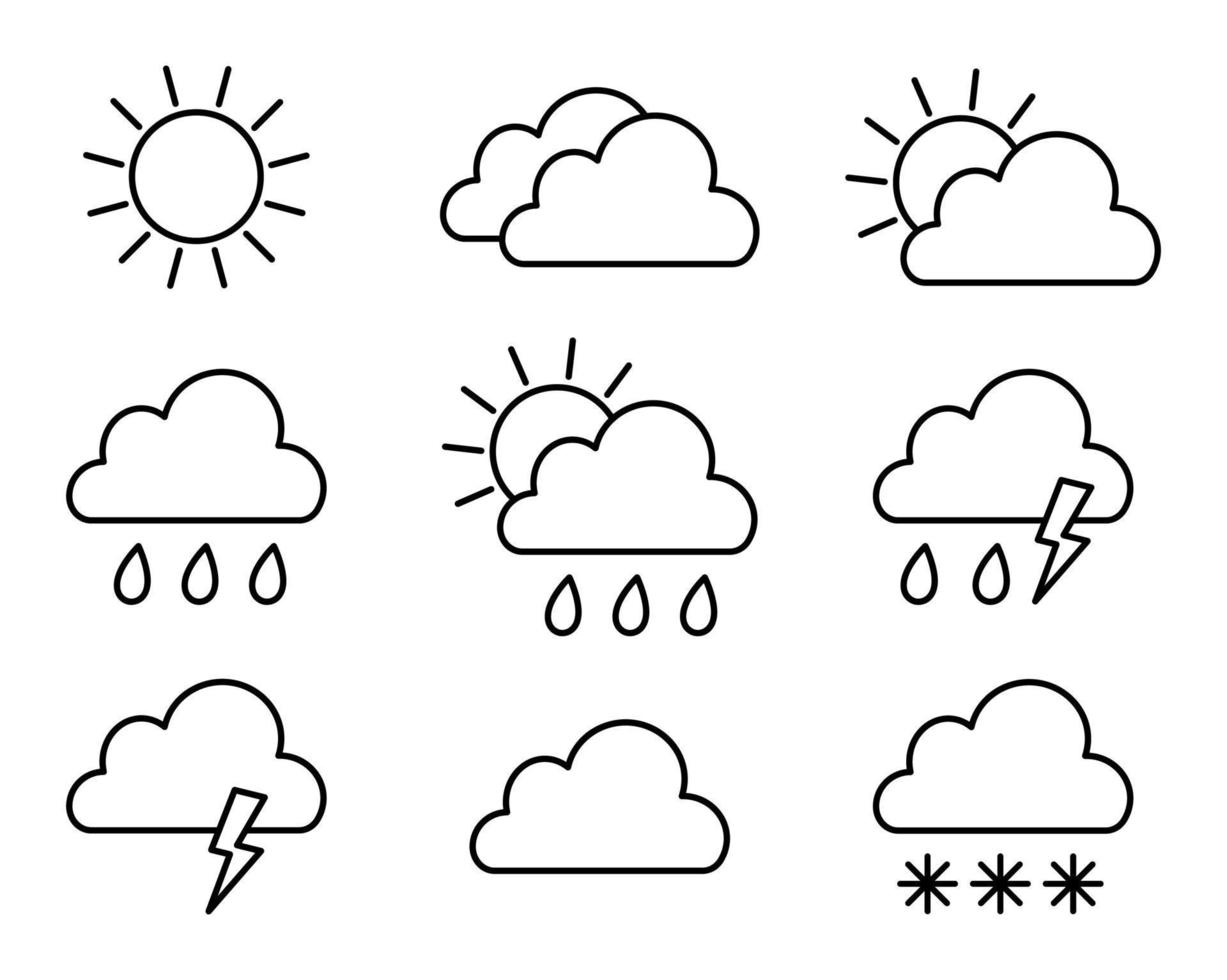 impostato di tempo metereologico icone. linea stile. sole, nuvole, piovere, neve, temporale. isolato vettore illustrazione.