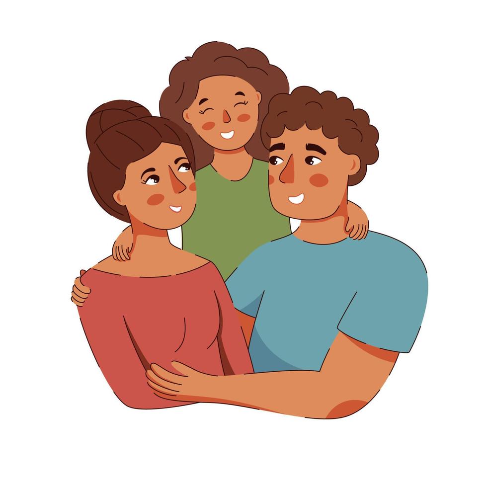 contento famiglia insieme madre padre e figlia abbracci vettore