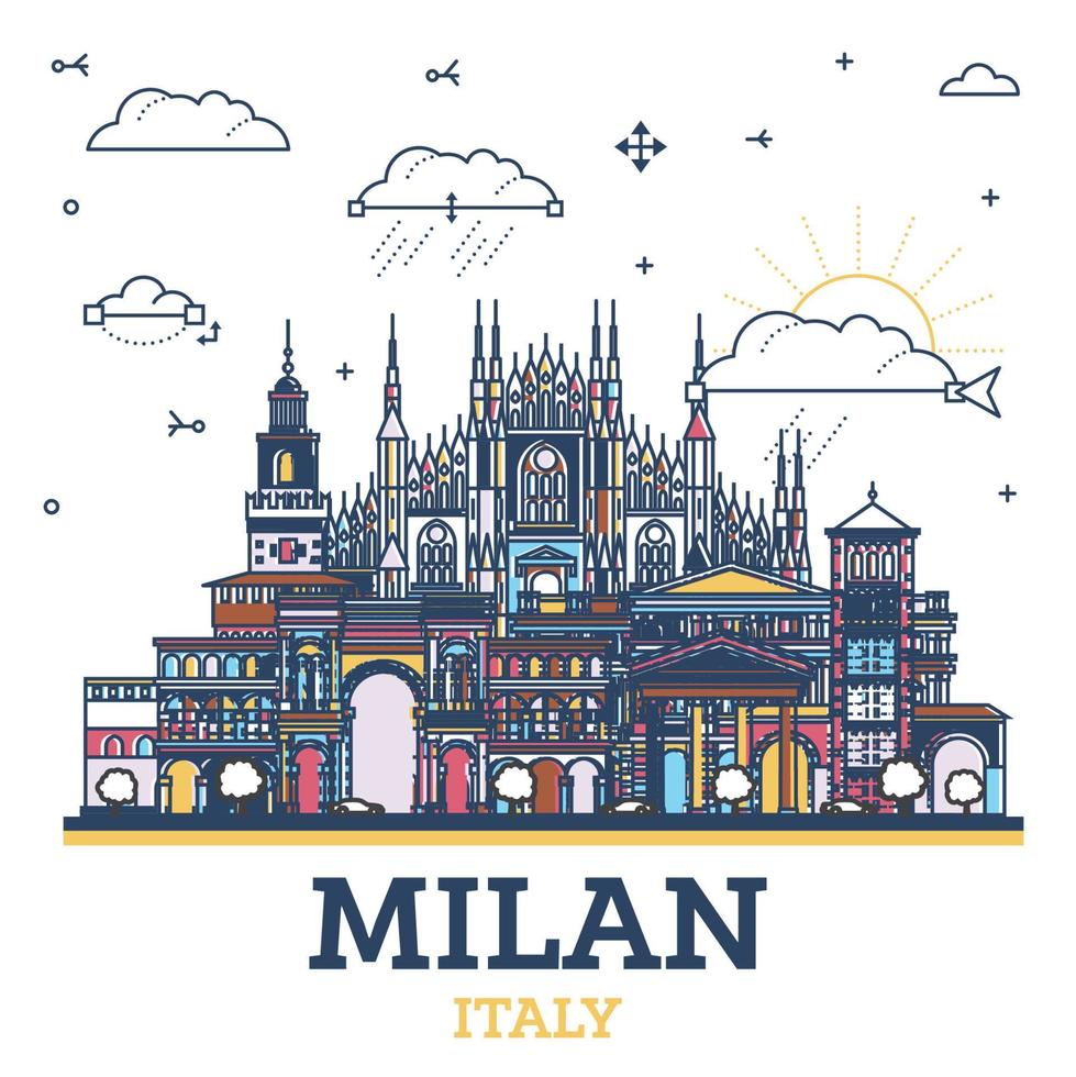 schema Milano Italia città orizzonte con colorato storico edifici isolato su bianca. Milano paesaggio urbano con punti di riferimento. vettore