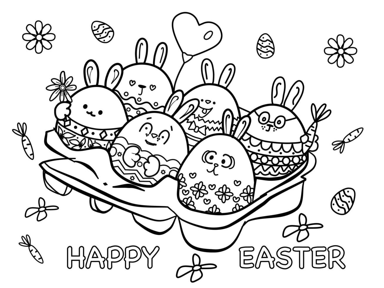 vettore illustrazione contento Pasqua, nero e bianca colorazione pagina, divertente uova, fiori, carote su bianca isolato sfondo