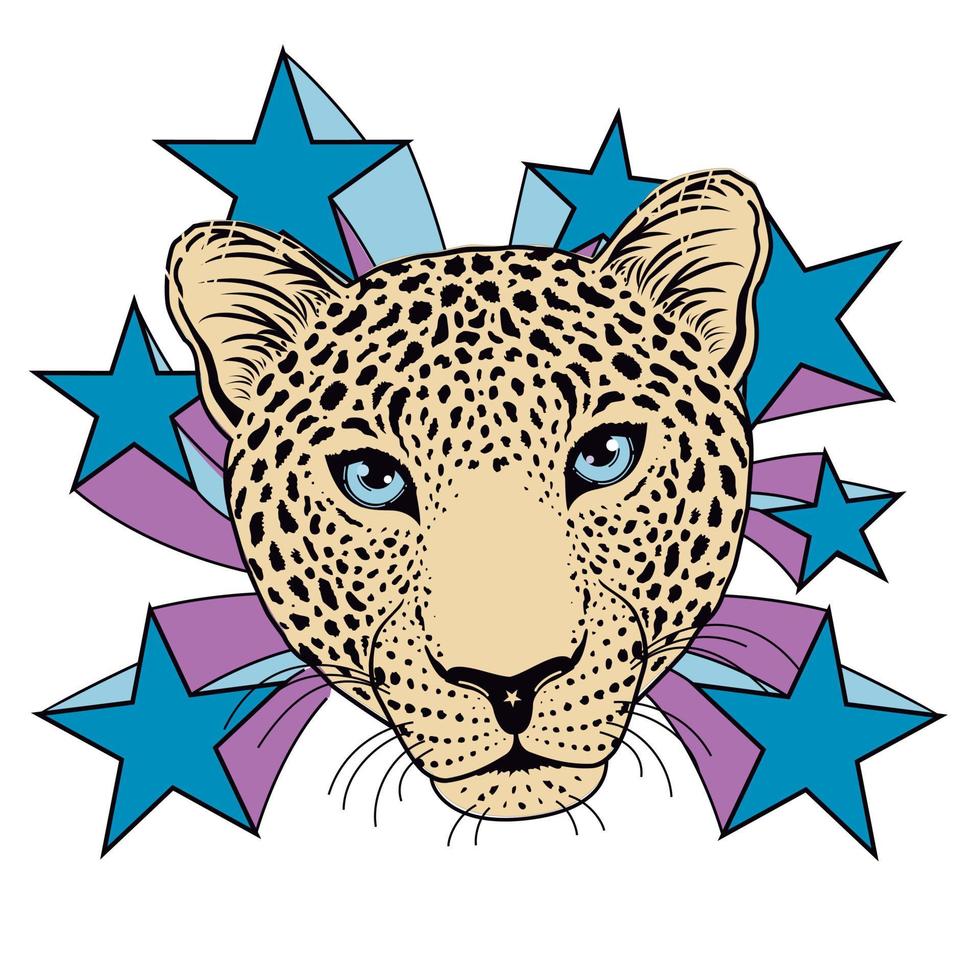 maglietta design di un' leopardo viso circondato di stelle. vettore
