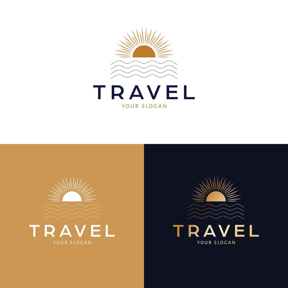 viaggio logo design. tramonto e mare astratto vettore logotipo. tropicale vacanza boemo logo modello.