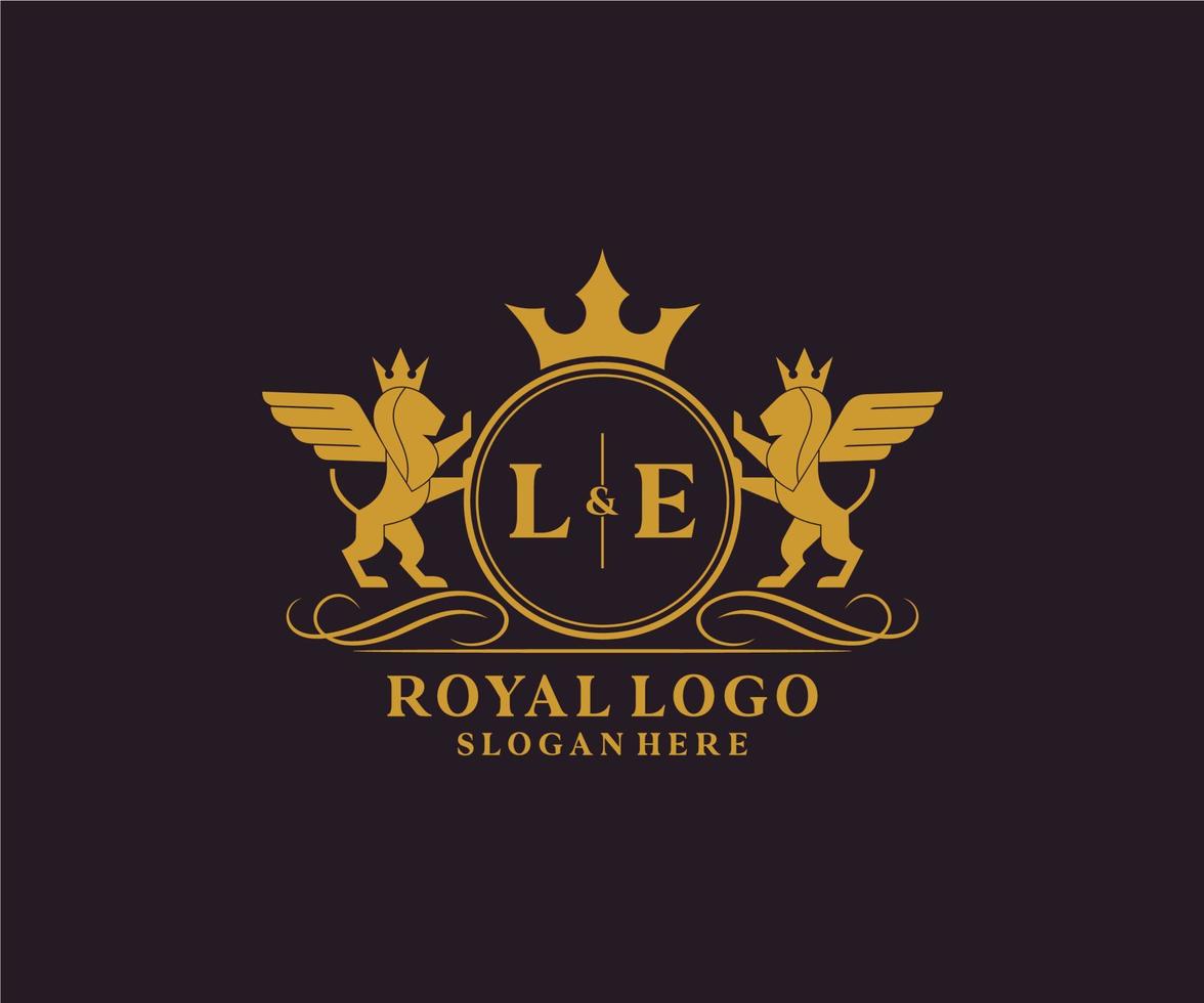 iniziale Le lettera Leone reale lusso stemma araldico logo modello nel vettore arte per ristorante, regalità, boutique, bar, Hotel, araldico, gioielleria, moda e altro vettore illustrazione.