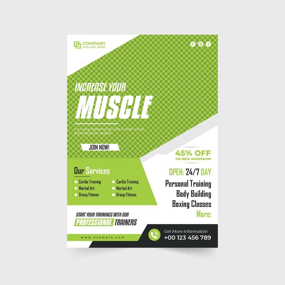 bodybuilding e fitness formazione servizio annuncio pubblicitario aviatore modello vettore per marketing. moderno Palestra attività commerciale promozionale manifesto design con verde e rosso colori. fitness e allenarsi centro volantino.