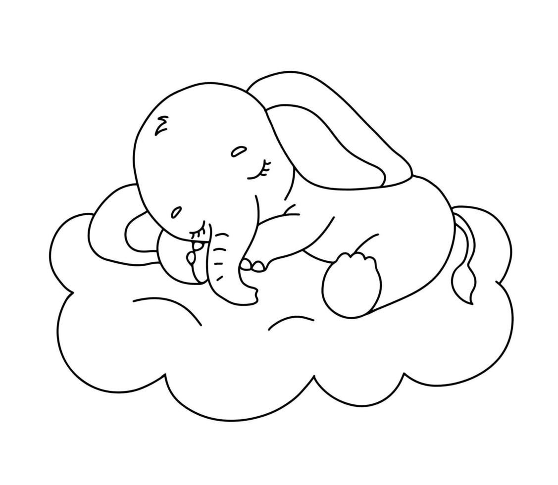 carino sognare bambino elefante su nube. cartone animato mano disegnato vettore schema illustrazione per colorazione libro. linea bambino animale isolato su bianca