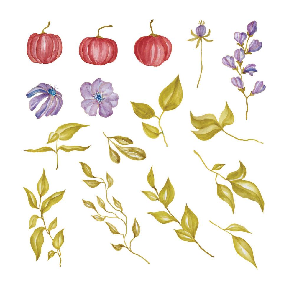 rosso zucca, fiori e foglie, mano disegnato acquerello vettore illustrazione per saluto carta o invito design