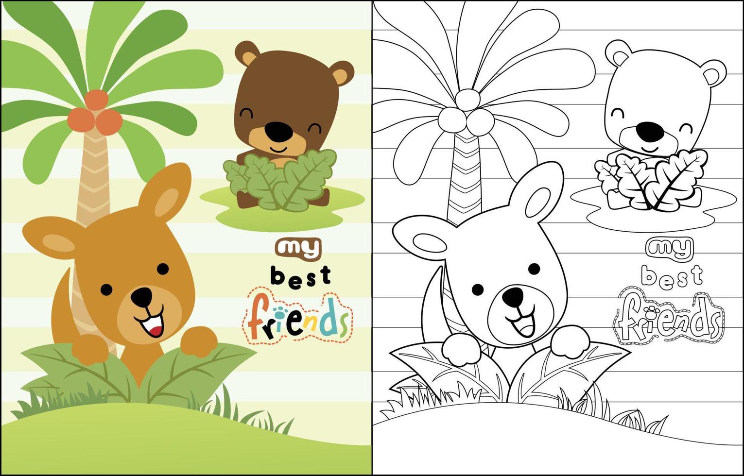 colorazione libro di divertente canguro con poco orso giocando nascondere e cercare vettore