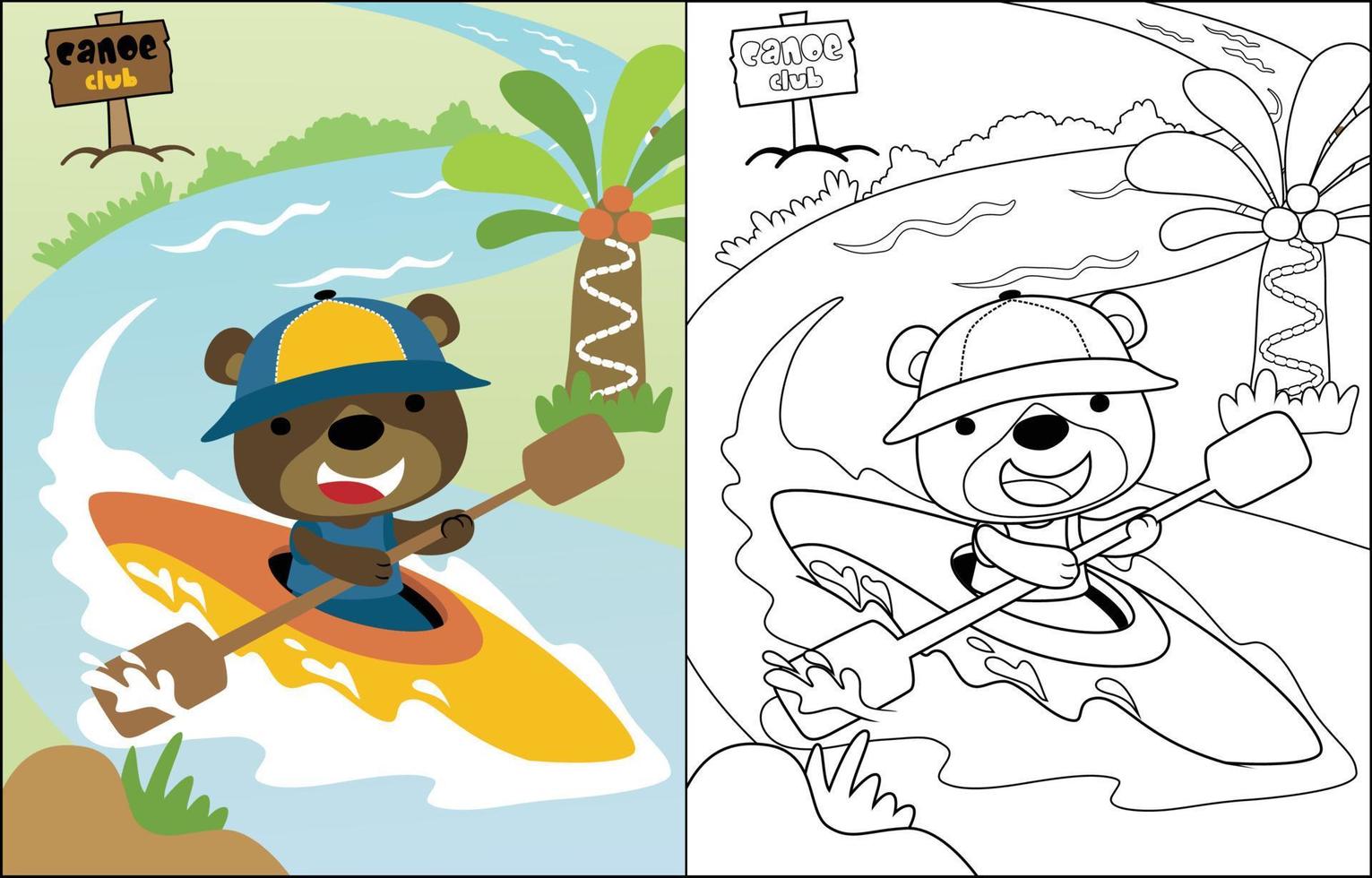 vettore cartone animato di divertente orso su canoa nel fiume, colorazione libro o pagina