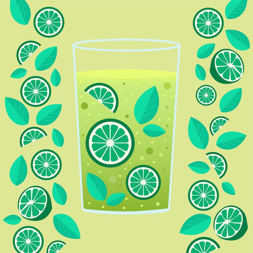 icona, etichetta, illustrazione. bicchiere con lime e menta cocktail con bolle su blu sfondo. fetta e metà lime su ogni lato. estate, cocktail, frutta vettore