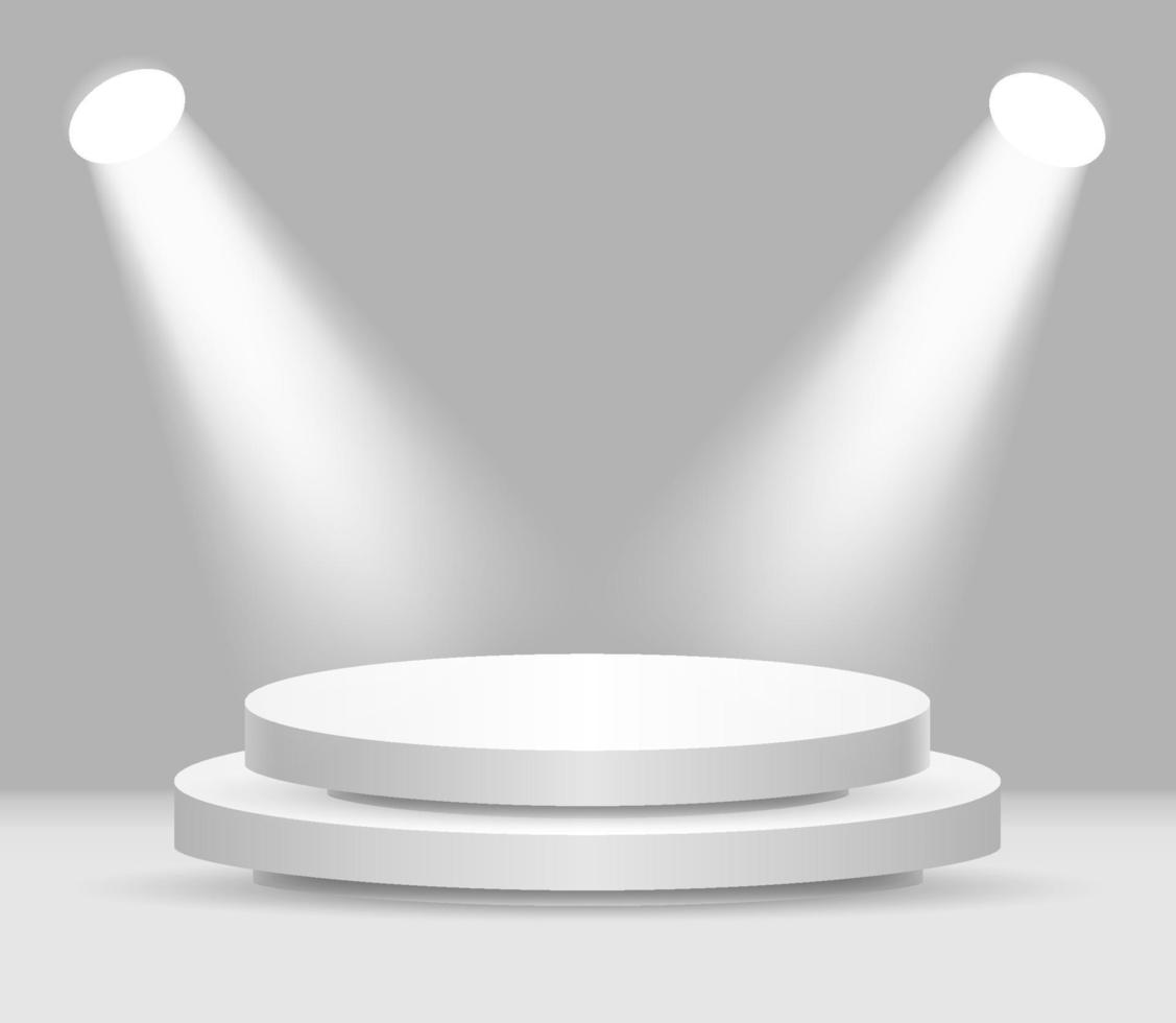 il giro bianca palcoscenico podio illuminato con luce. vettore bianca piedistallo per Prodotto presentazione.3d podio su il sfondo di un' calcestruzzo parete