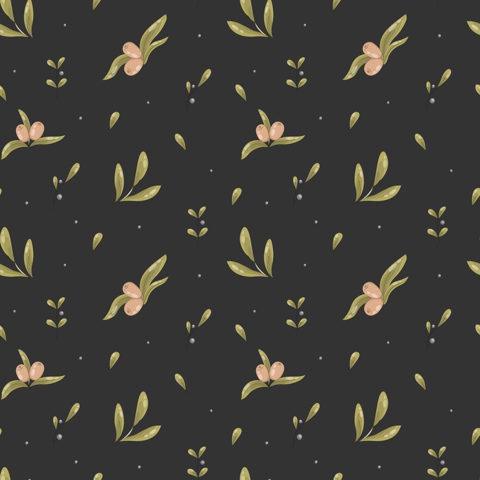 Vector seamless pattern di olive, foglie e piccoli frutti di bosco su uno sfondo scuro. carta digitale, ornamento per la biancheria da letto