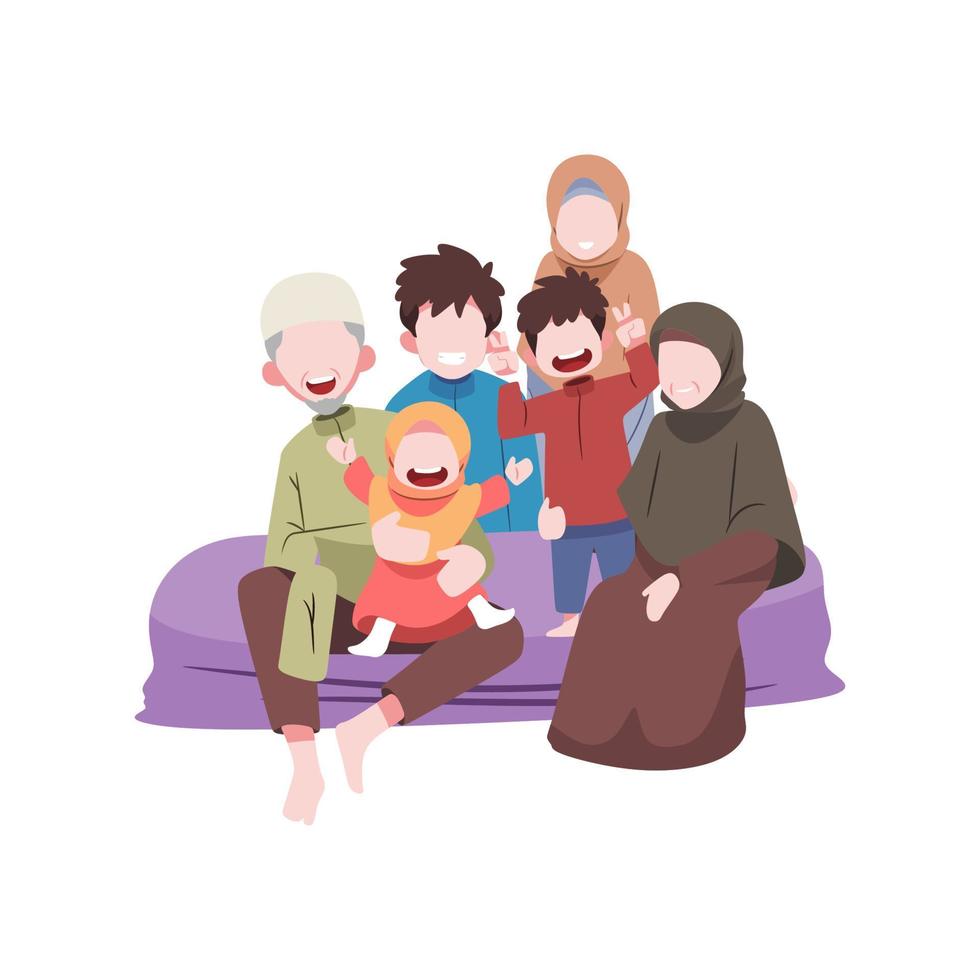 illustrazione di un' famiglia seduta su un' letto durante eid al Fitr vettore