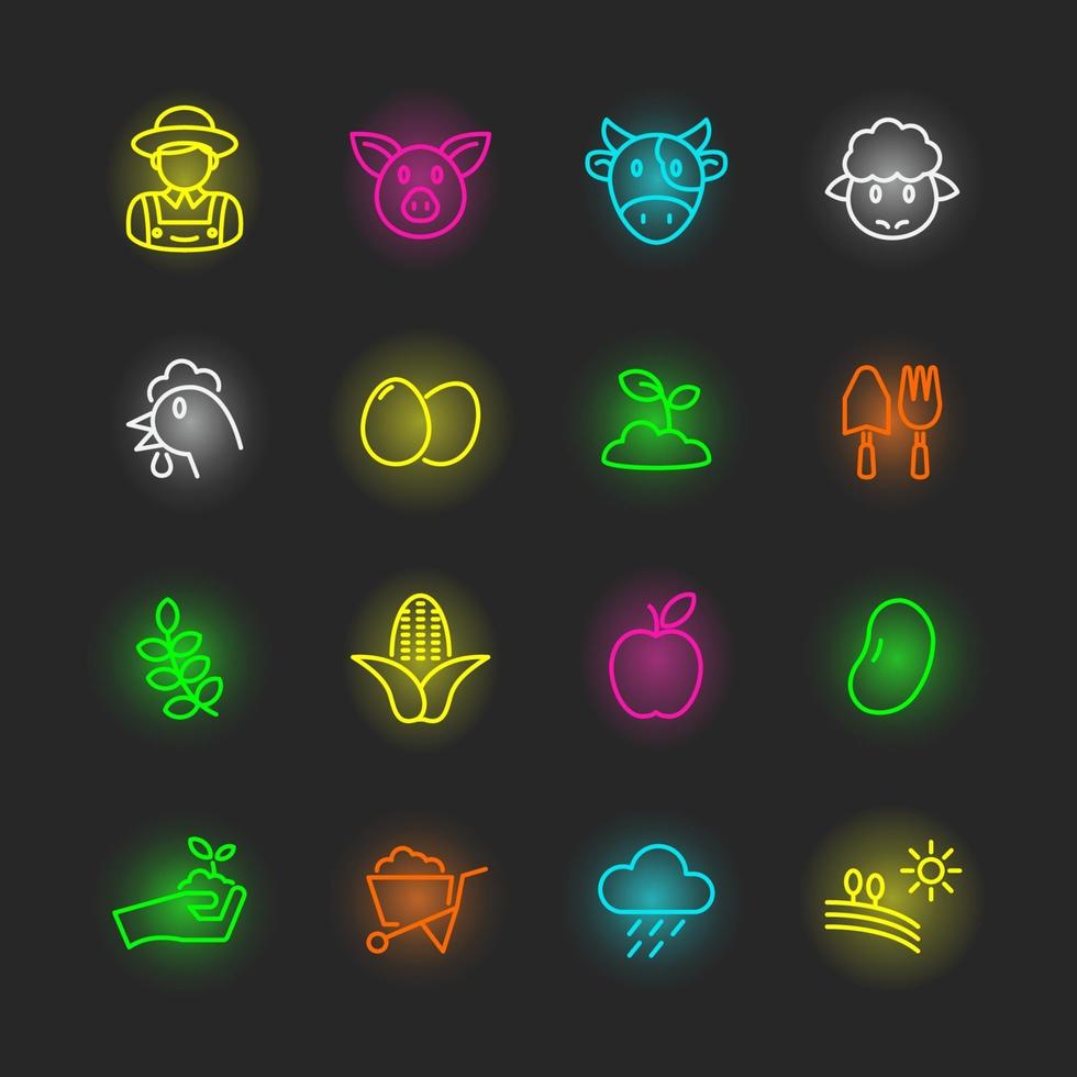 set di icone al neon di agricoltura vettore