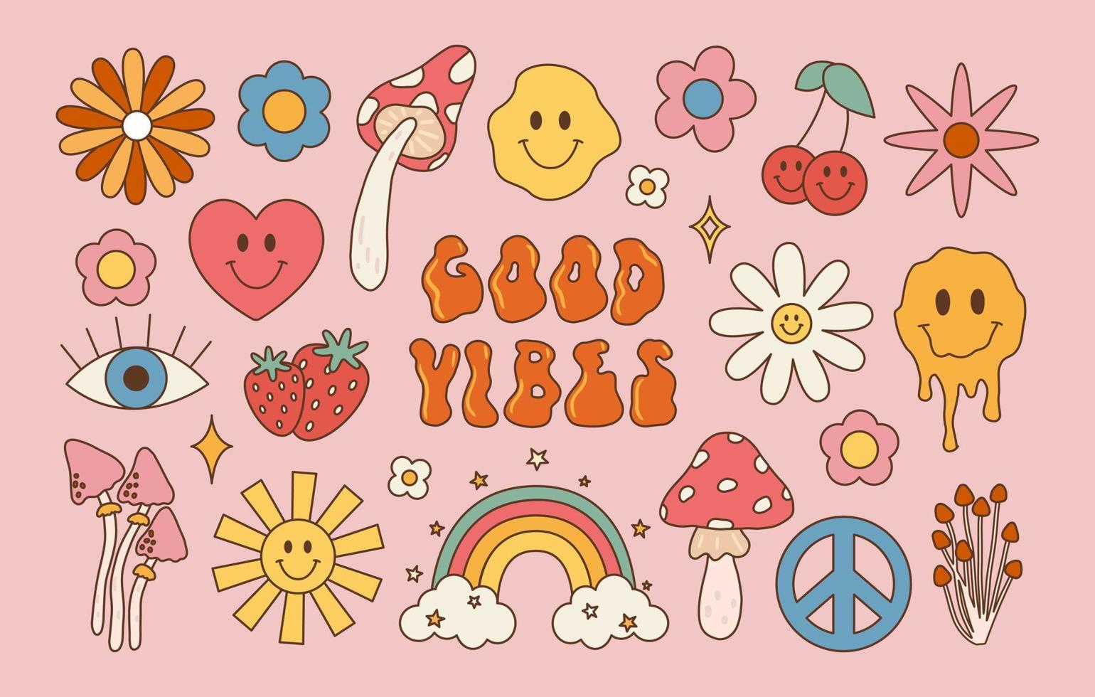 Groovy hippie impostato di 70s anni 80 elementi. vettore illustrazione nel Vintage ▾ stile con iscrizione bene vibrazioni, fiore, arcobaleno, cuore, fungo