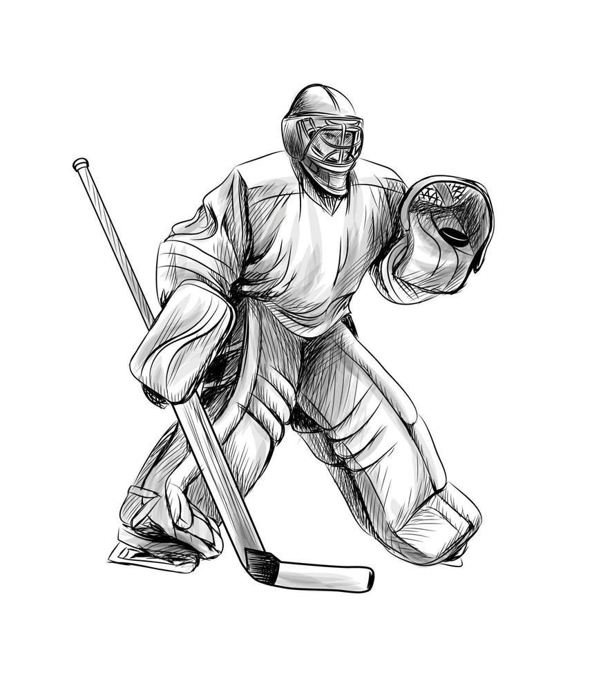 giocatore di portiere di hockey. schizzo disegnato a mano. sport invernali. illustrazione vettoriale di vernici