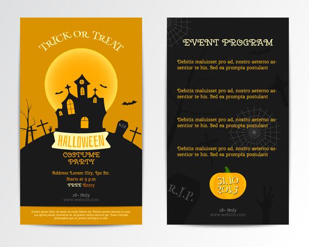 Invito carta di Halloween. Illustrazione vettoriale Design minimal, piatto e arancio scuro. Stile festa in maschera Può essere utilizzato per poster design copertina, flyer, brochure