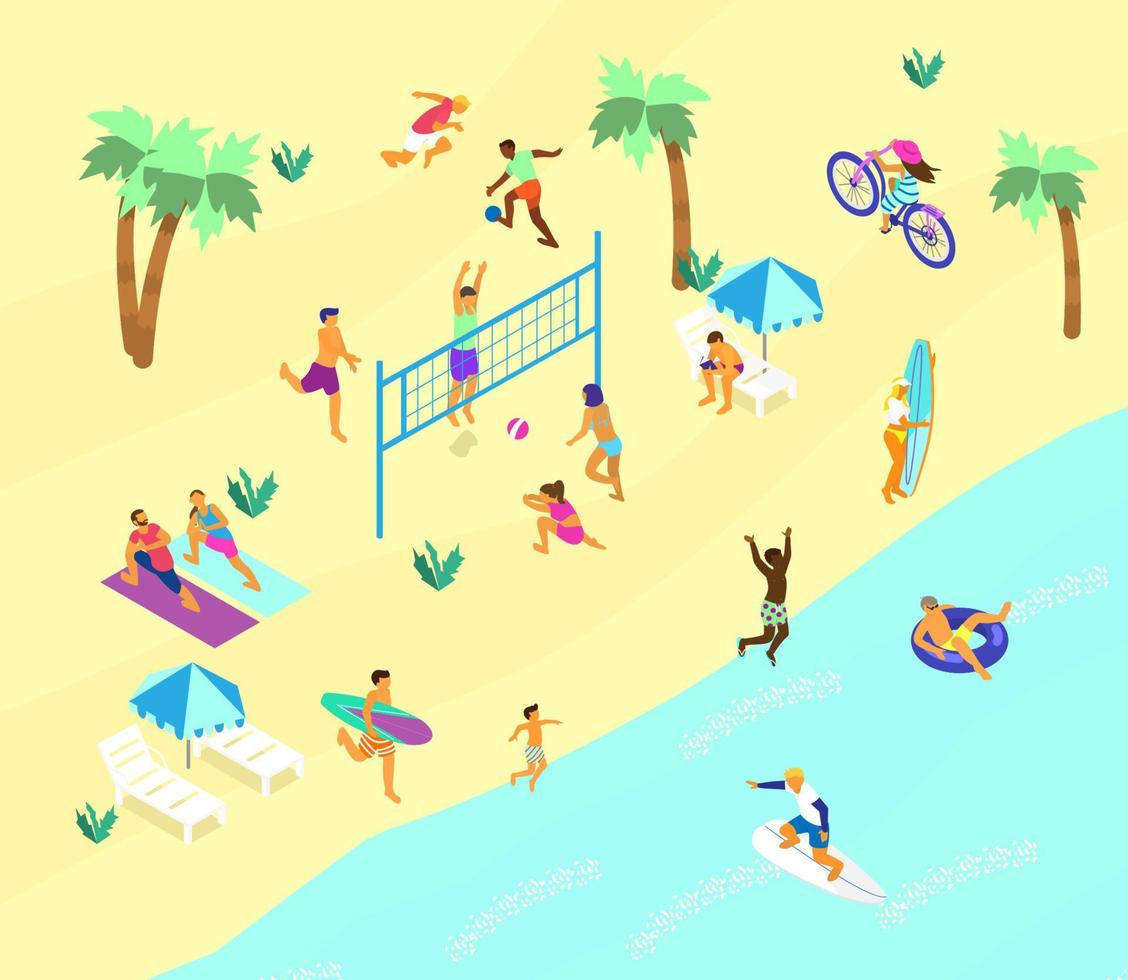isometrico spiaggia scena con molte di diverso persone fare estate gli sport e rilassante. estate all'aperto attività. spiaggia tiro al volo, calcio, fare surf, yoga su il spiaggia, bicicletta giro. vettore