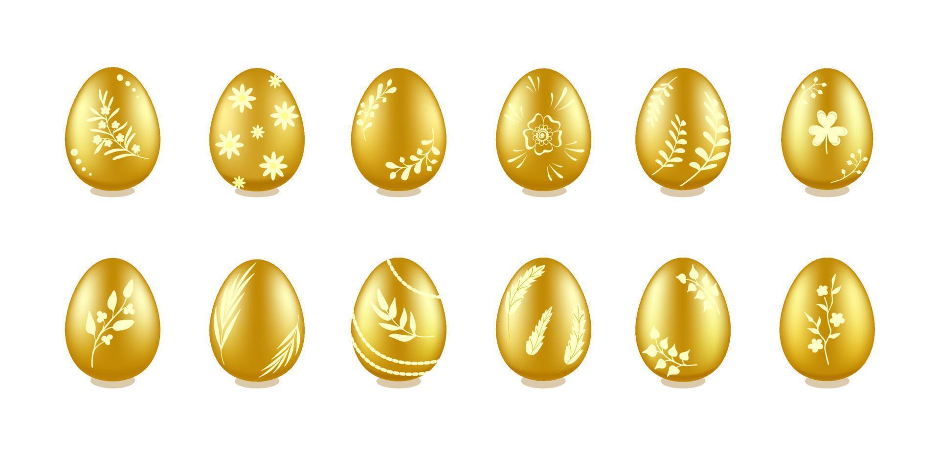 realistico d'oro Pasqua uova con floreale e erbaceo disegni vettore