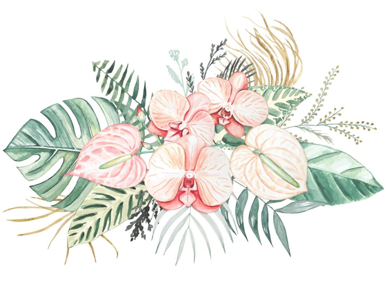 anthurium fiori, tropicale le foglie ,secco fiori. mano disegnato acquerello su isolato sfondo. vettore