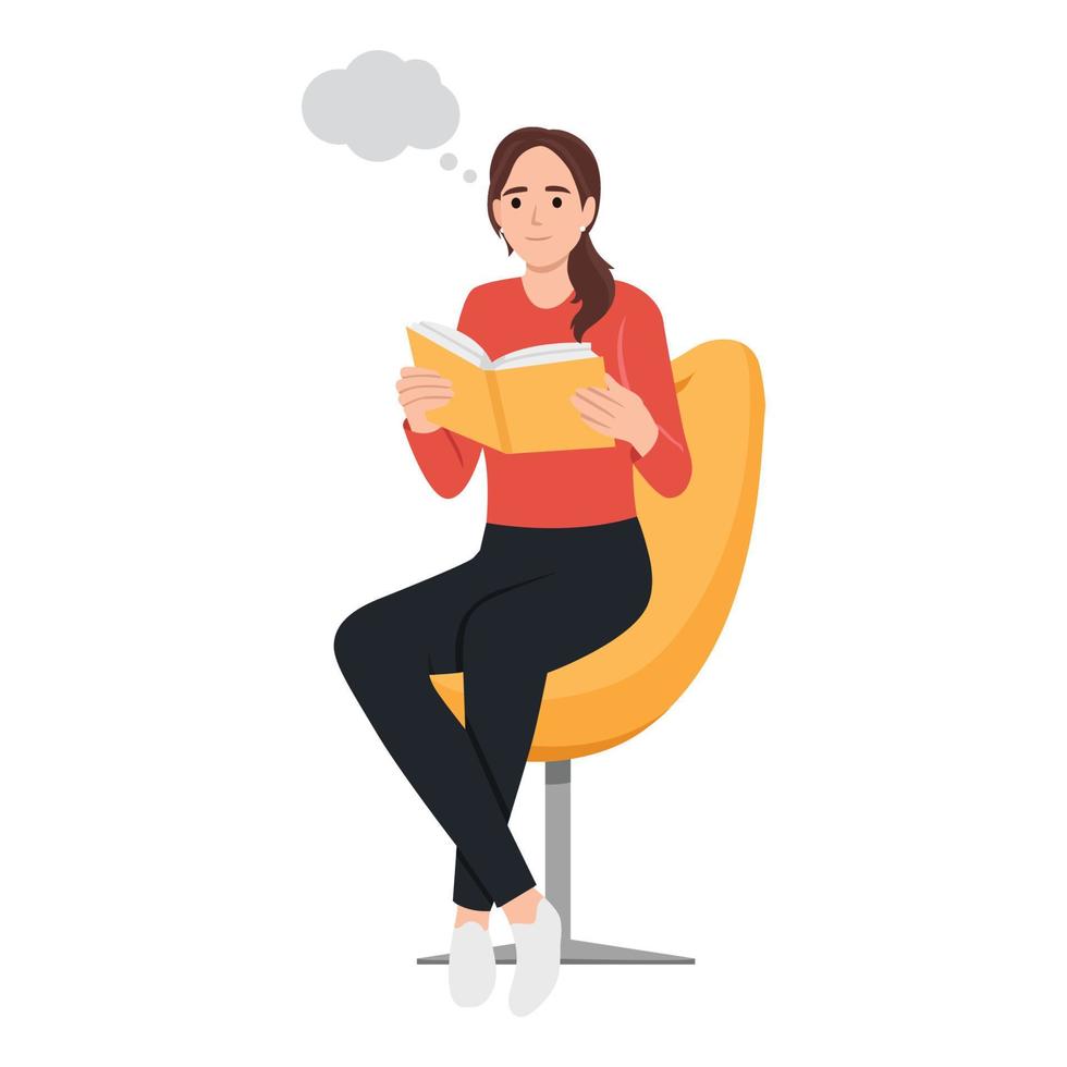 lettura donna a casa su sedia. ragazza seduta su poltrona con interessante libro vettore