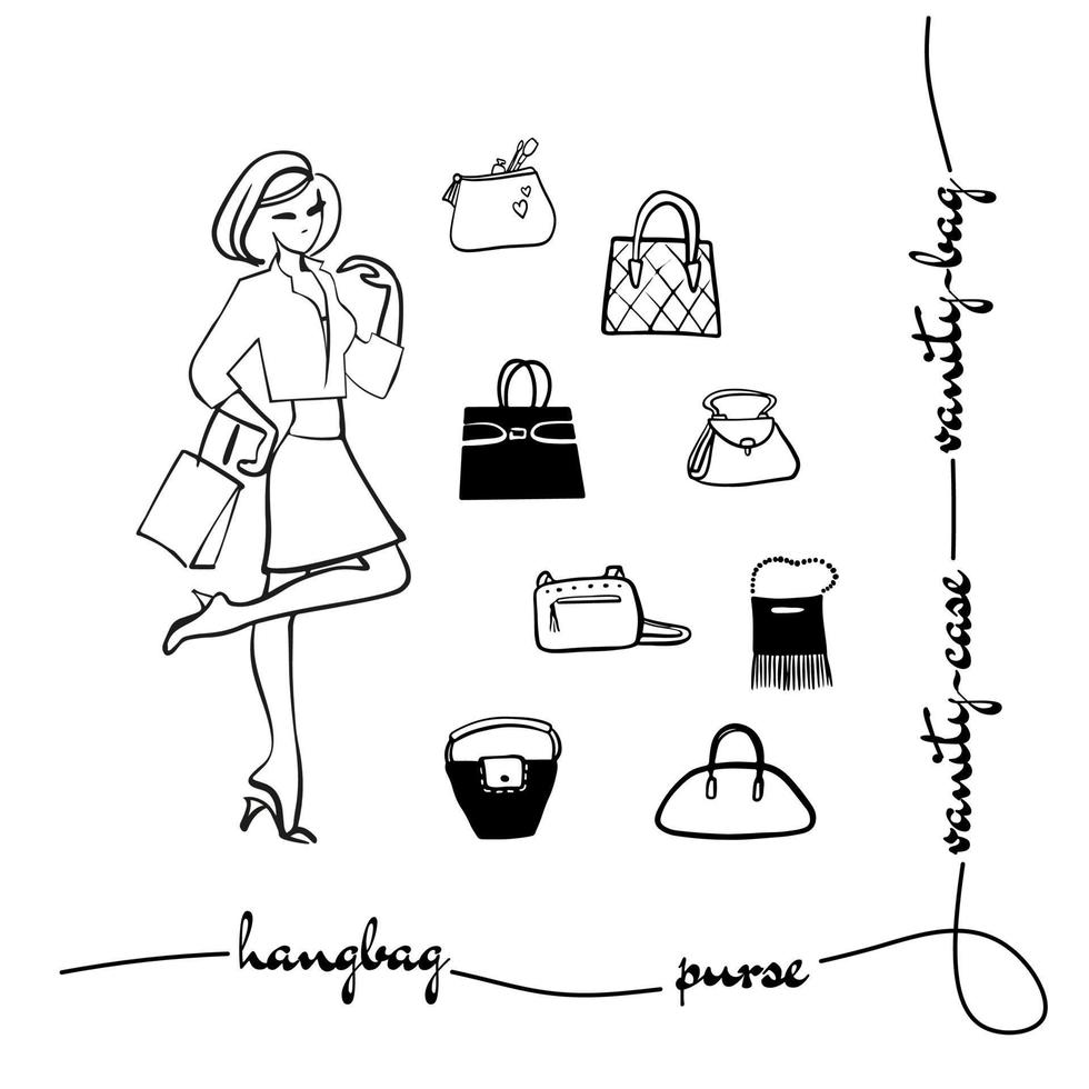 impostato scarabocchio di disegnato a mano donna borse appese e borsa vettore