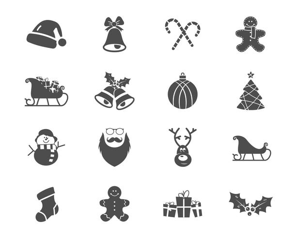 Raccolta di icone di Natale, felice anno nuovo e inverno. Set di simboli di vacanze, elementi - santa, cervo, regalo, pupazzo di neve, caramelle, giocattoli per il web, app, ptint. Silhouette monocromatica vettoriale