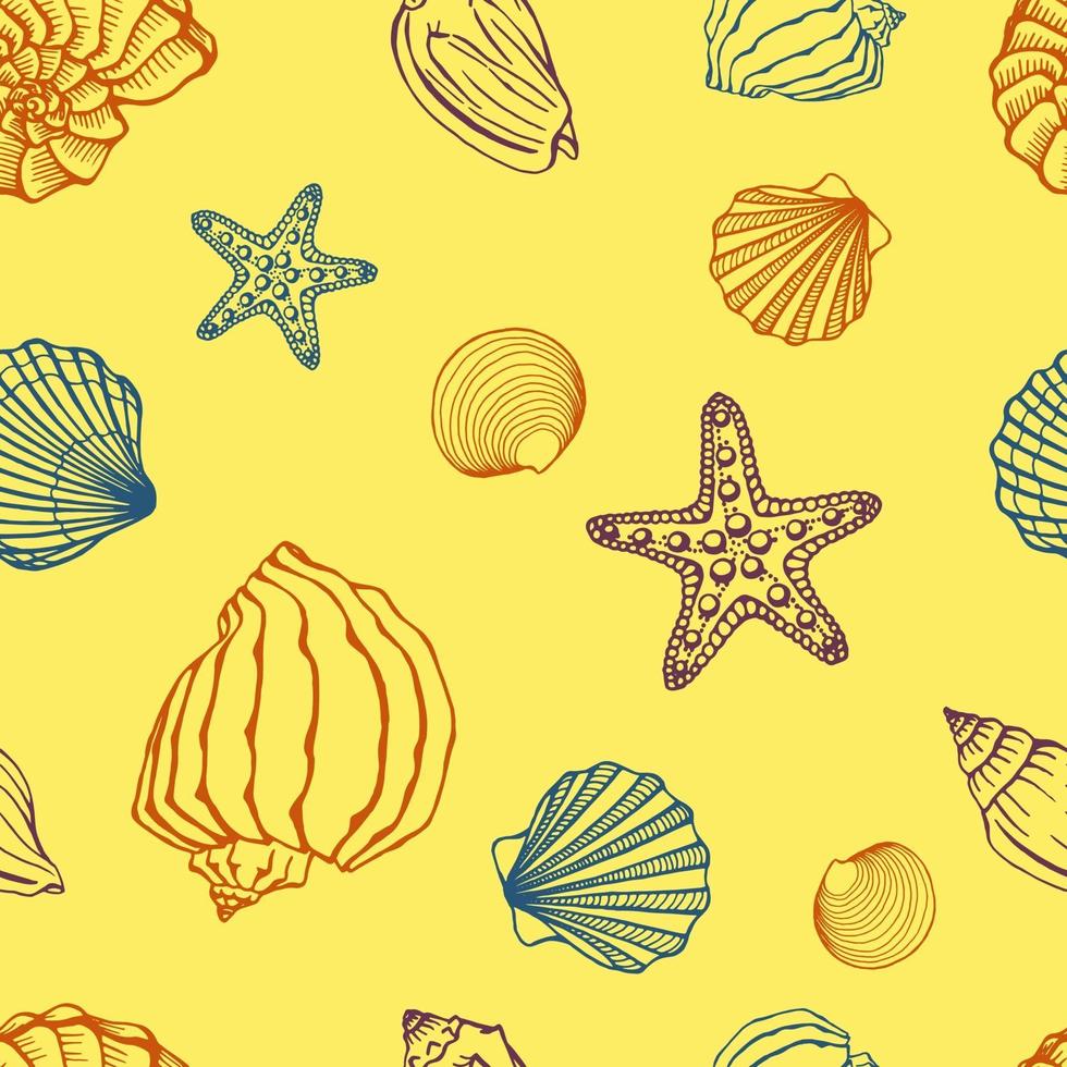 seamless con conchiglie, stelle marine. sfondo marino. illustrazione vettoriale disegnato a mano nello stile di abbozzo. perfetto per saluti, inviti, libri da colorare, tessuti, matrimoni e web design