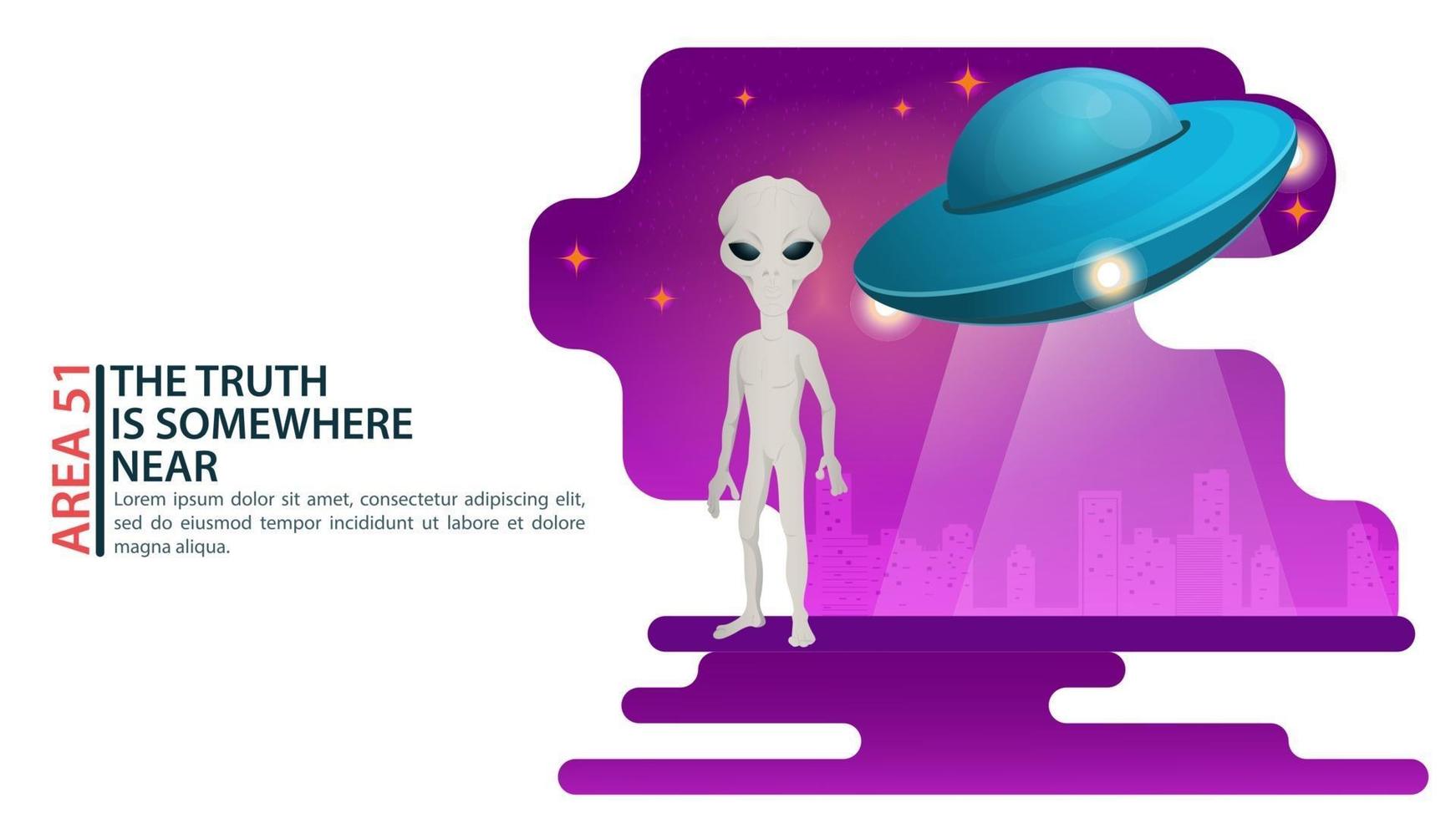 un alieno si trova sullo sfondo della città accanto a un'illustrazione piana di vettore di concetto di progetto del disco volante di ufo