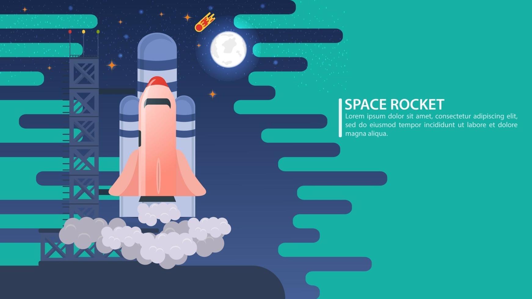 illustrazione di banner sul tema del lancio di un veicolo spaziale dallo spazioporto per la progettazione di startup e siti pubblicitari vettore piatto